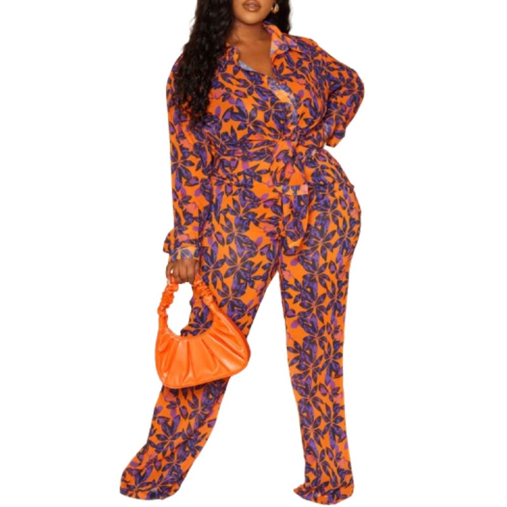 Pretty Little Thing NWT Plus Orange Print Beach Flares Pants Size 26 /3X